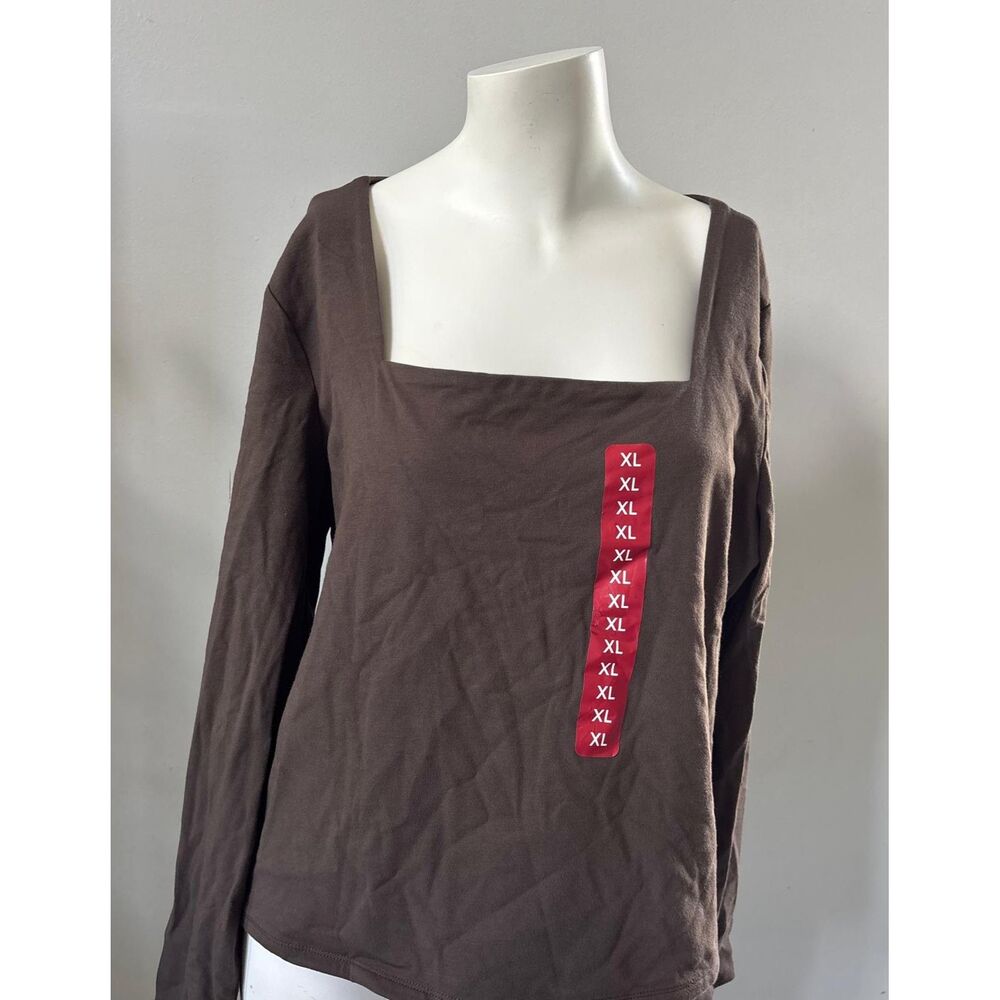 Brown Square Neck Long Sleeve Top Casual Fitted Shirt